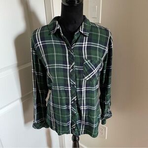 South Moon Under Green Blue White Plaid Rayon Long Sleeve Flannel Shirt EUC Sz S